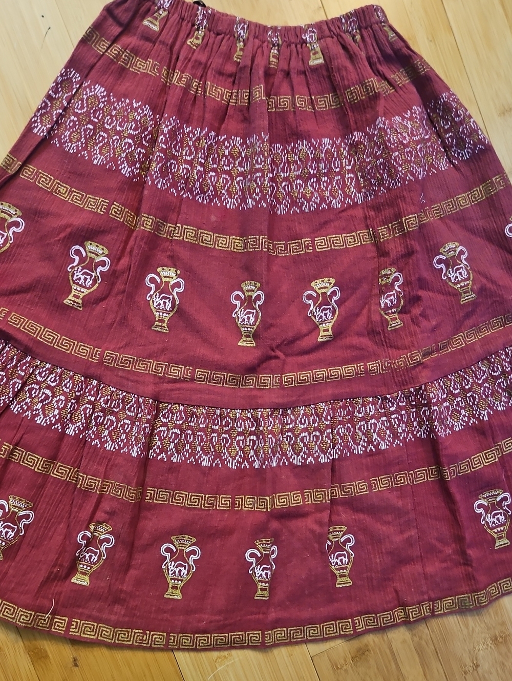 Greek Vintage Authentic Blockprint  Skirt Tradtional Greek Key Embroidery